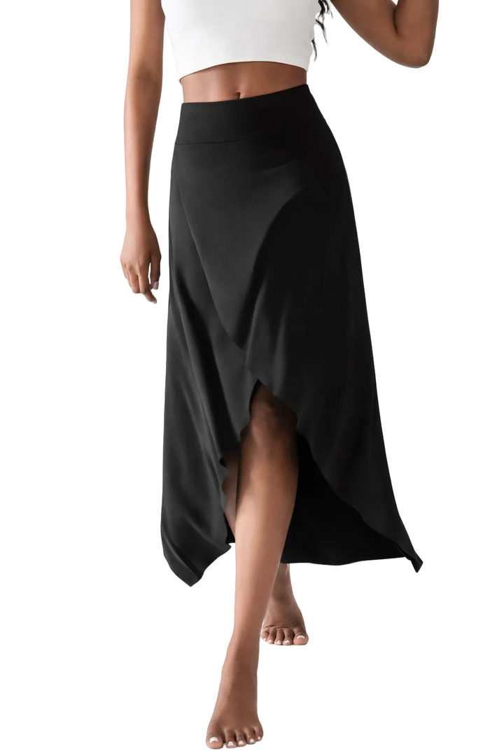 Women's High Waist Wrap Front Midi Skirt with Rear Flare