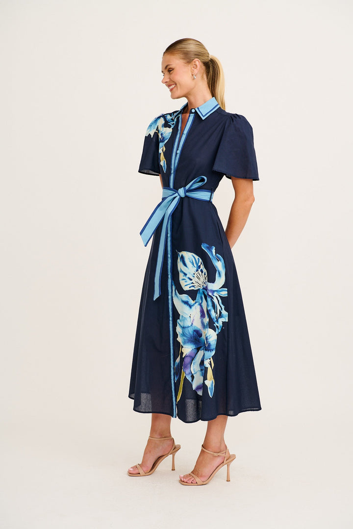 Women's Short Sleeve Floral Midi Dress with Tie Waist