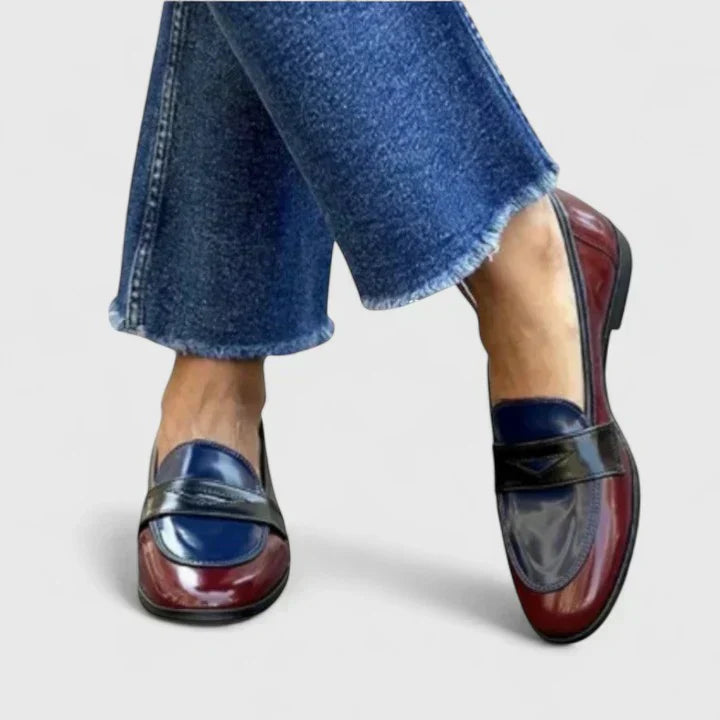 Women’s Rounded Toe Slip-On Loafers with Contrast Panel Strap