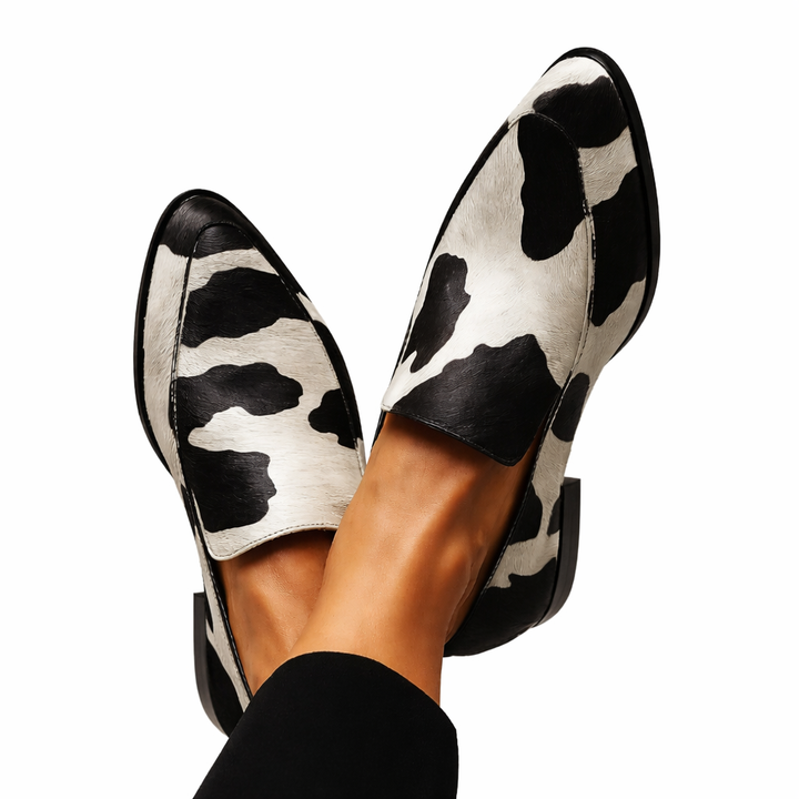 Women’s Rounded Toe Slip-On Loafers with Black and White Patch Pattern