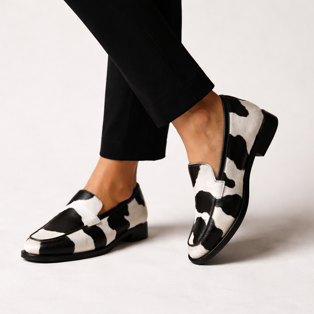 Women’s Rounded Toe Slip-On Loafers with Black and White Patch Pattern