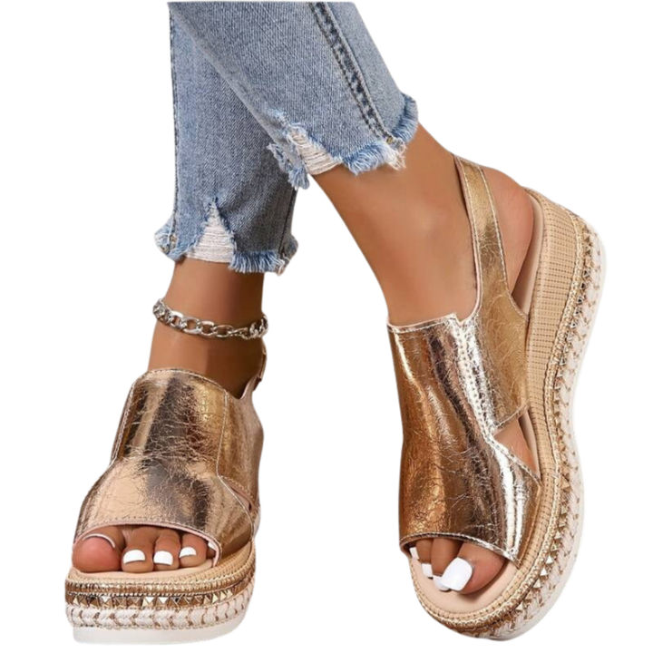 Women's Open Toe Platform Sandals with Espadrille Sole and Metallic Upper