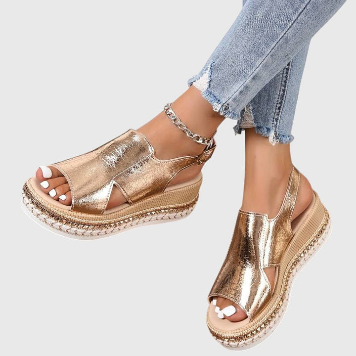 Women's Open Toe Platform Sandals with Espadrille Sole and Metallic Upper