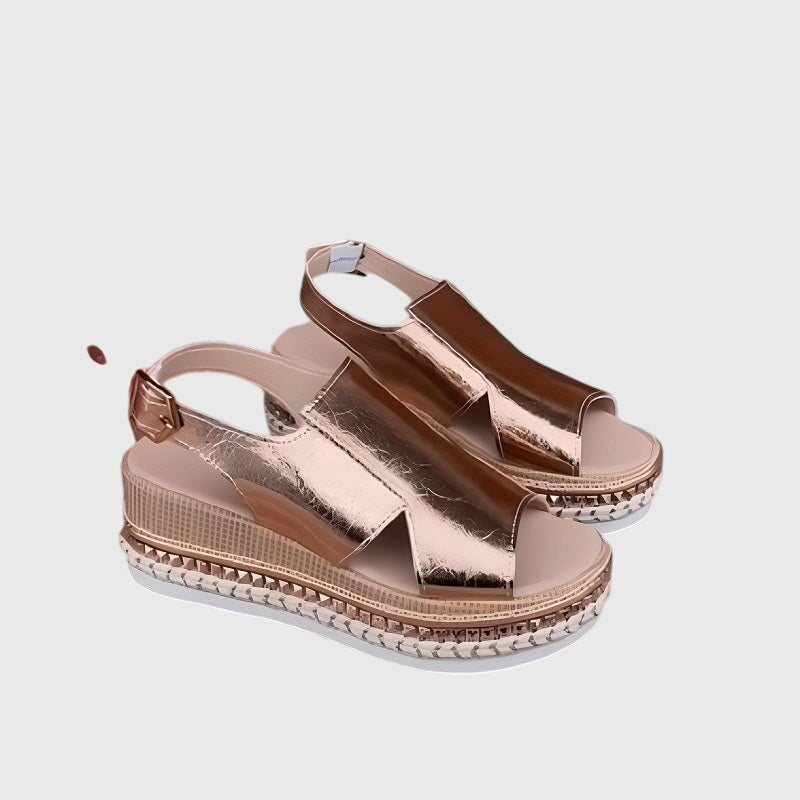 Women's Open Toe Platform Sandals with Espadrille Sole and Metallic Upper