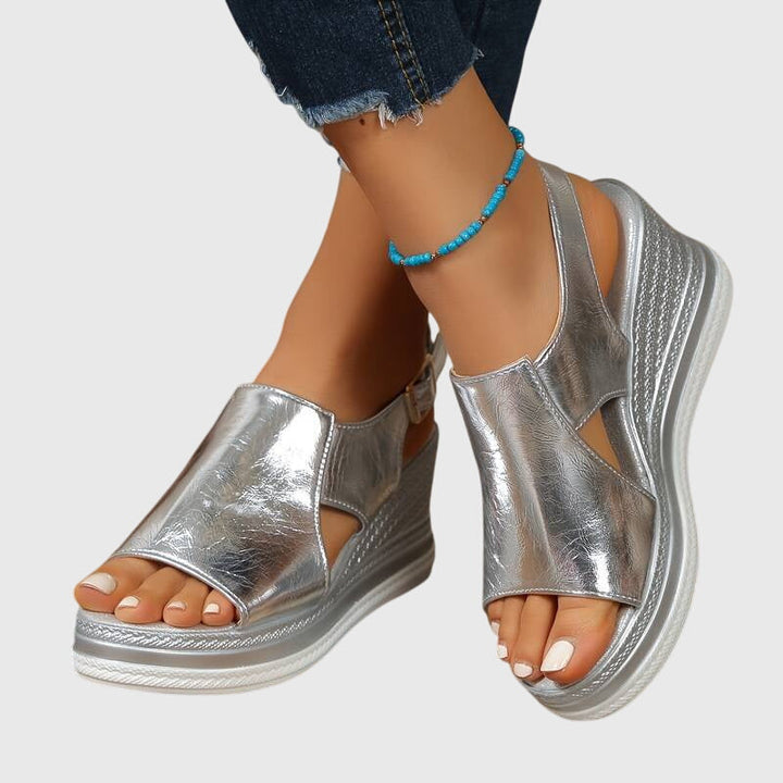 Women's Open Toe Platform Sandals with Espadrille Sole and Metallic Upper