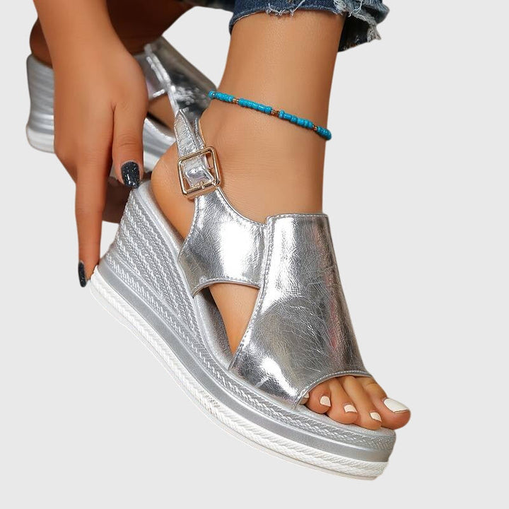 Women's Open Toe Platform Sandals with Espadrille Sole and Metallic Upper