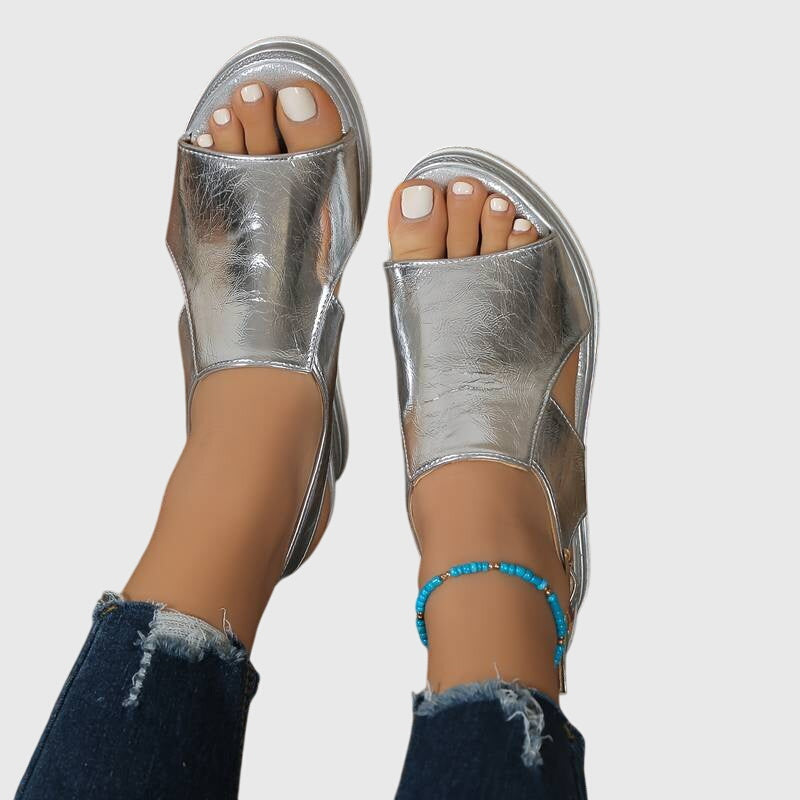 Women's Open Toe Platform Sandals with Espadrille Sole and Metallic Upper