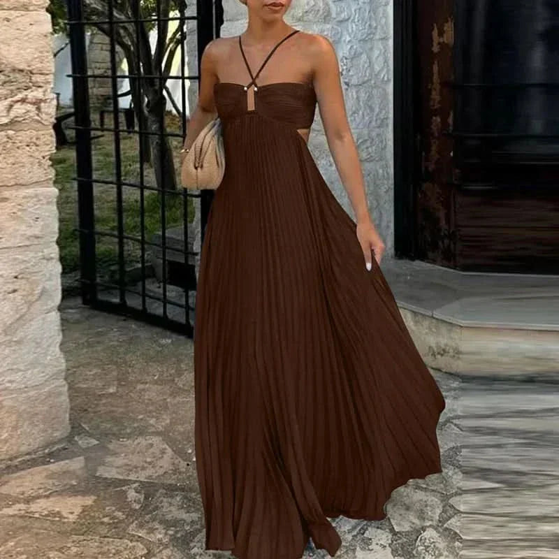 Women's Pleated Halter Maxi Dress with Open Back Detail