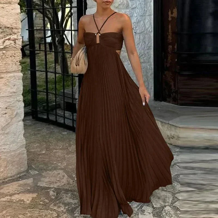 Women's Pleated Halter Maxi Dress with Open Back Detail