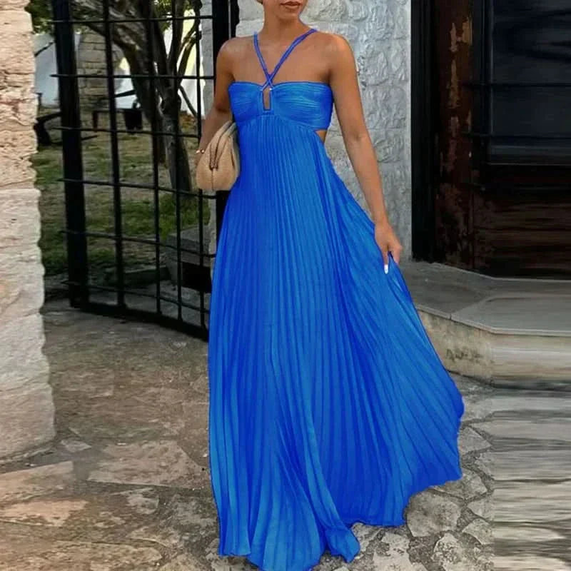 Women's Pleated Halter Maxi Dress with Open Back Detail