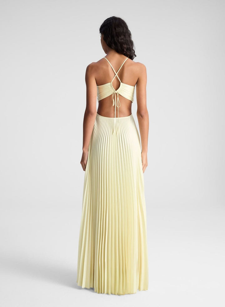 Women's Pleated Halter Maxi Dress with Open Back Detail