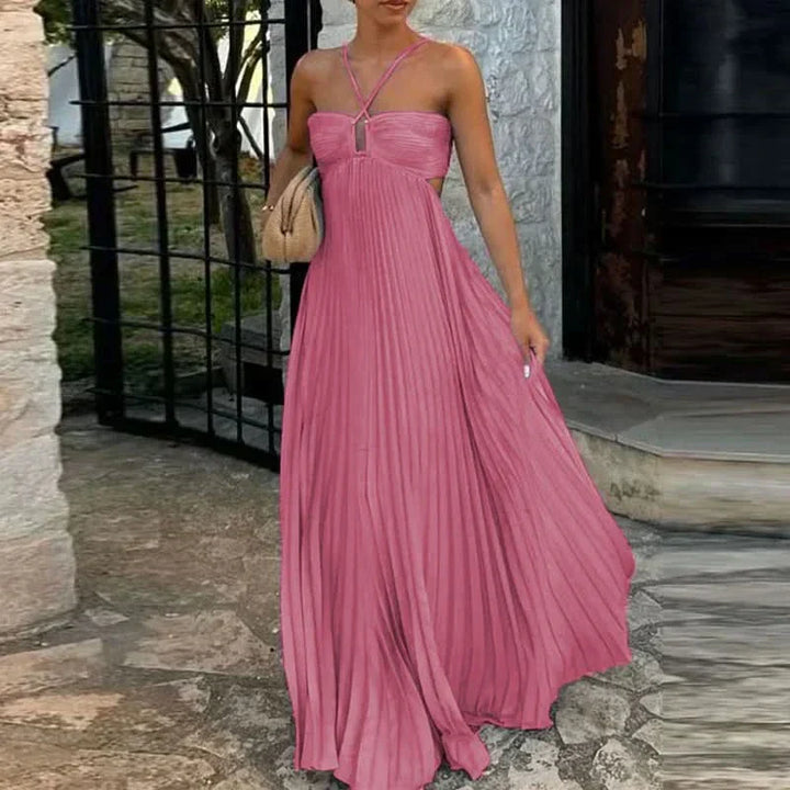 Women's Pleated Halter Maxi Dress with Open Back Detail