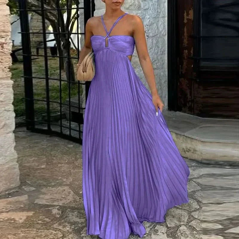 Women's Pleated Halter Maxi Dress with Open Back Detail