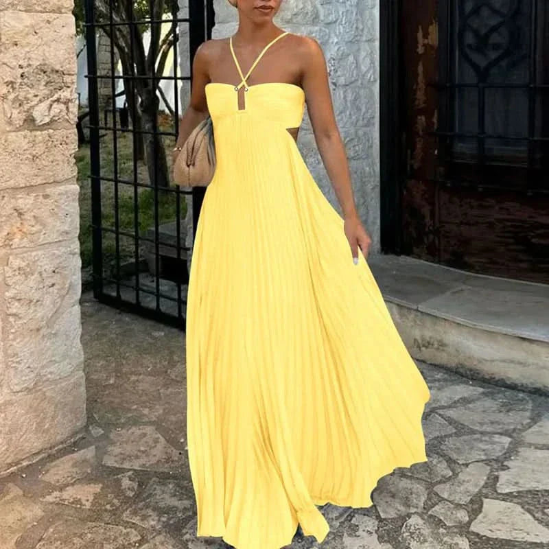 Women's Pleated Halter Maxi Dress with Open Back Detail