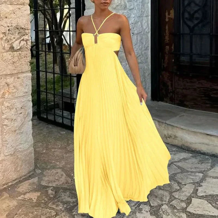 Women's Pleated Halter Maxi Dress with Open Back Detail