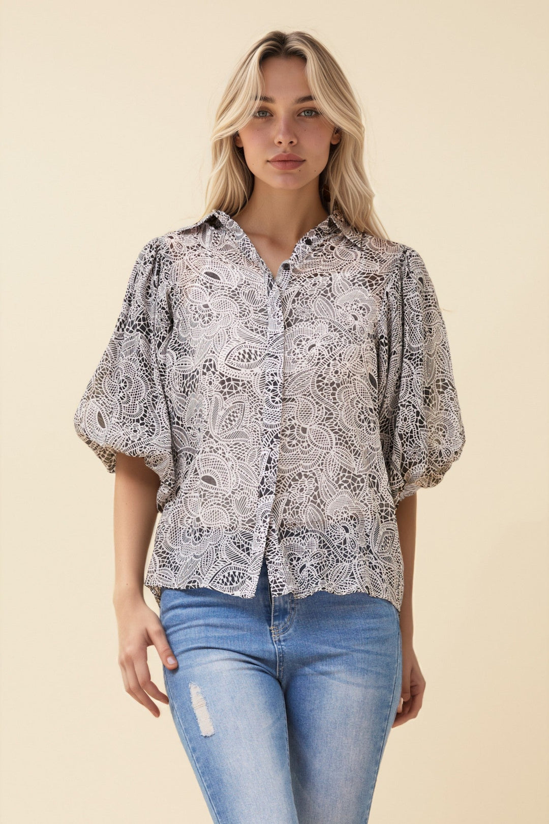 Women’s Printed Button-Front Shirt with Puff Sleeves