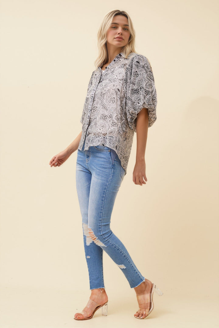 Women’s Printed Button-Front Shirt with Puff Sleeves