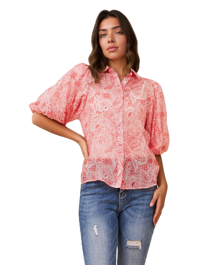 Women’s Printed Button-Front Shirt with Puff Sleeves