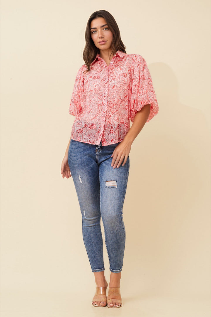 Women’s Printed Button-Front Shirt with Puff Sleeves