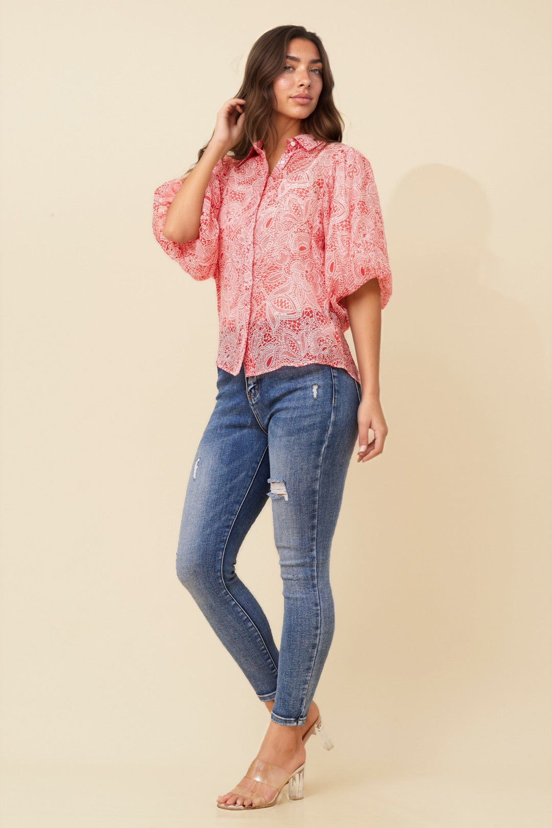 Women’s Printed Button-Front Shirt with Puff Sleeves