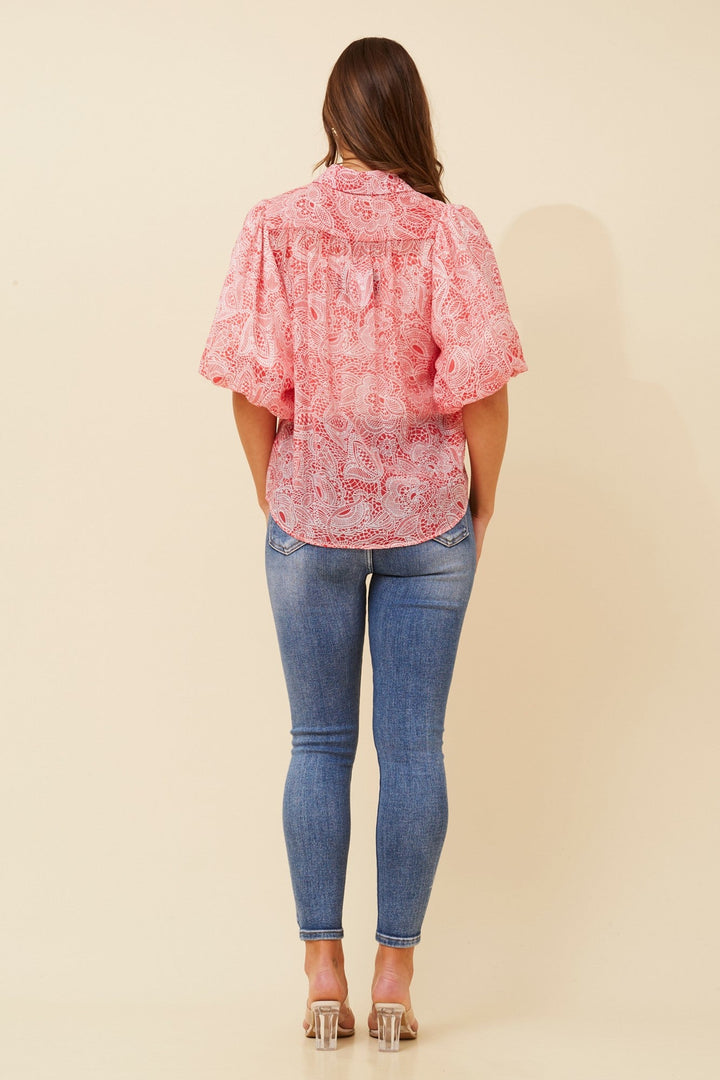 Women’s Printed Button-Front Shirt with Puff Sleeves
