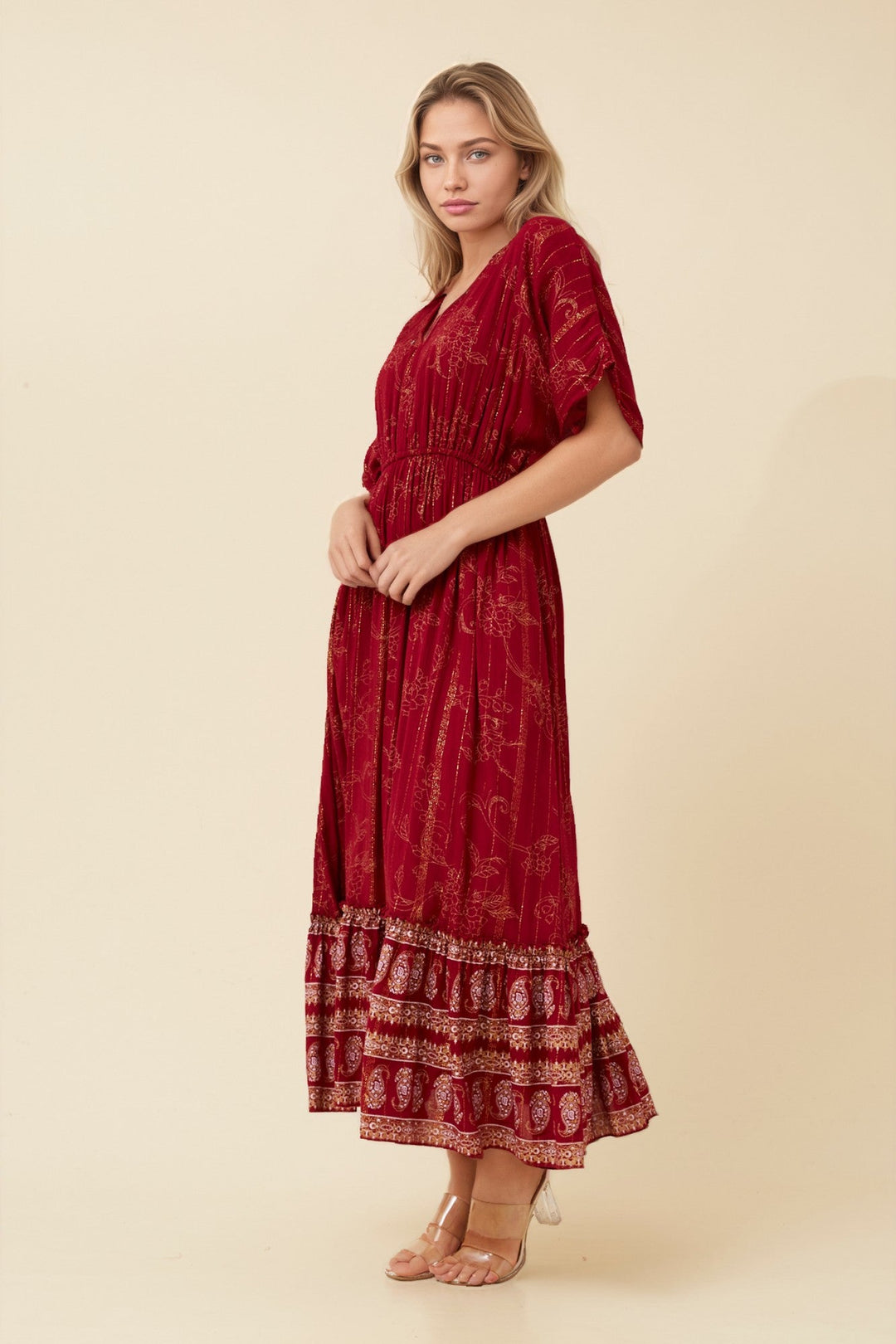 Women’s Printed Midi Dress with V-Neckline