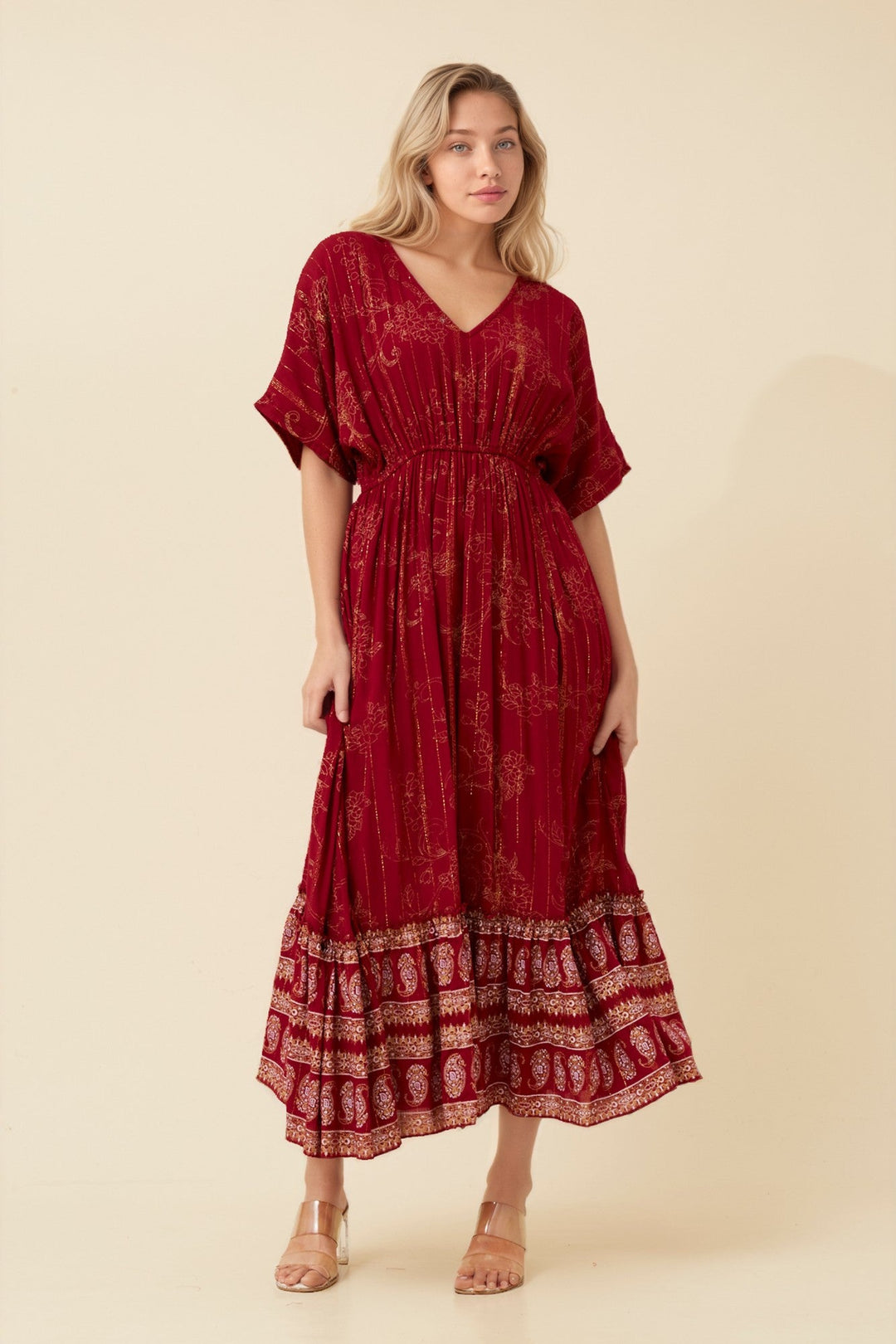 Women’s Printed Midi Dress with V-Neckline