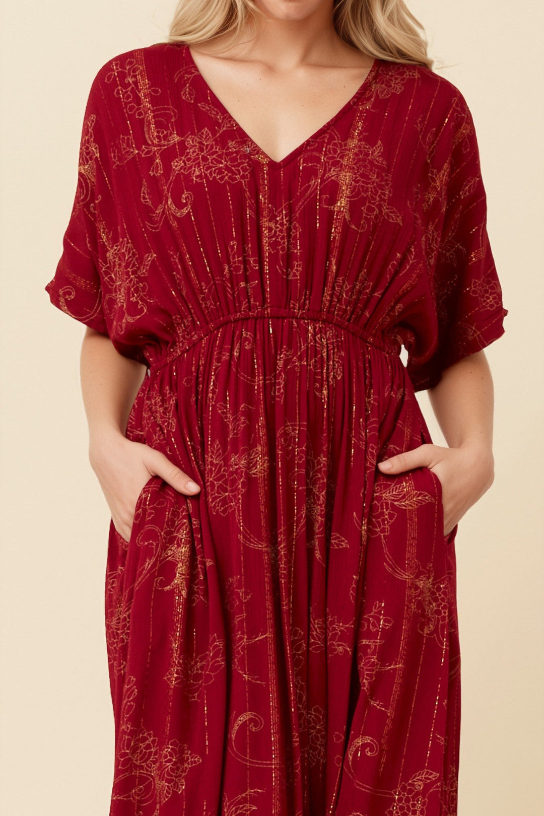Women’s Printed Midi Dress with V-Neckline