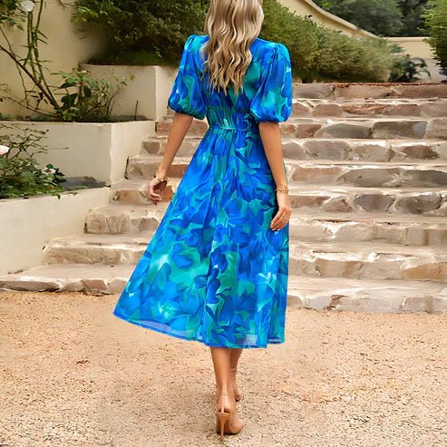 Women’s Printed Midi Summer Dress with V-Neckline and Short Sleeves