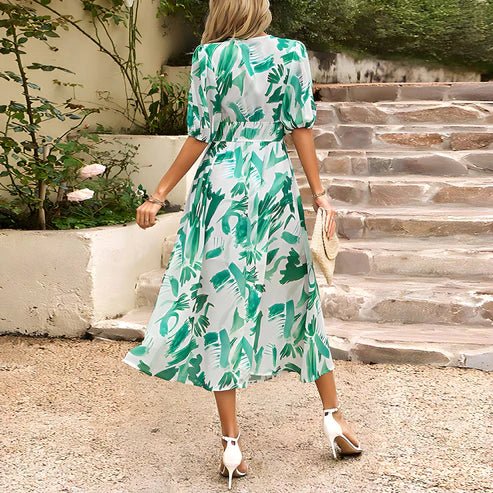 Women’s Printed Midi Summer Dress with V-Neckline and Short Sleeves