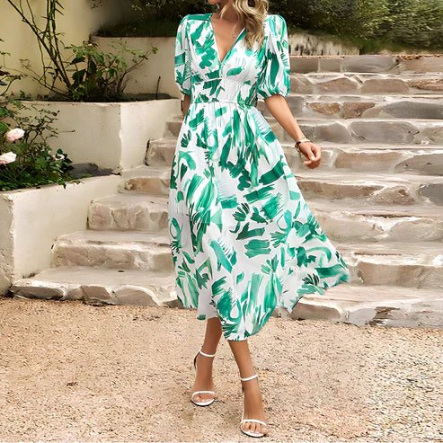 Women’s Printed Midi Summer Dress with V-Neckline and Short Sleeves