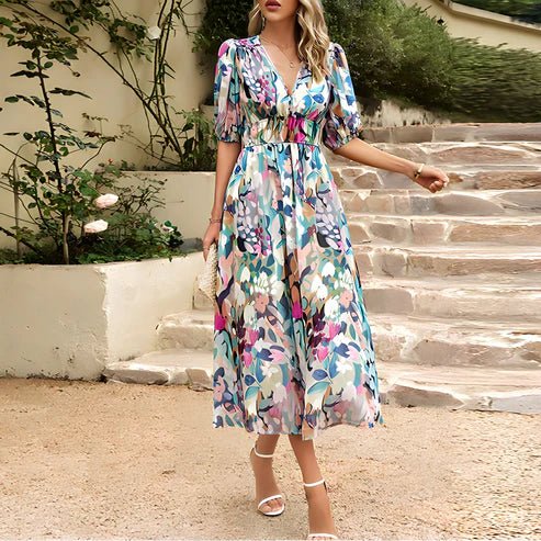 Women’s Printed Midi Summer Dress with V-Neckline and Short Sleeves
