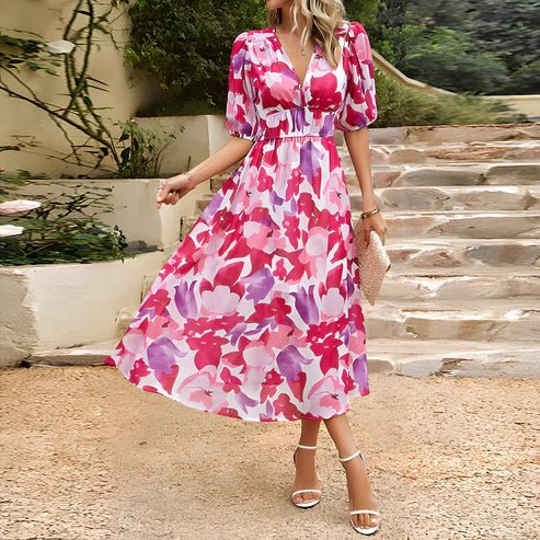 Women’s Printed Midi Summer Dress with V-Neckline and Short Sleeves
