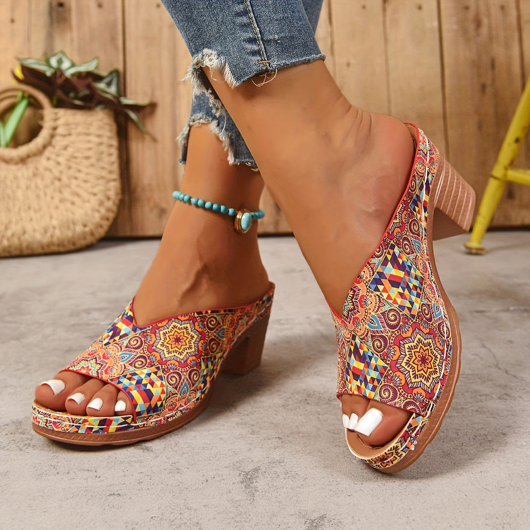 Women's Floral Print Open Toe Mule Sandals with Block Heel