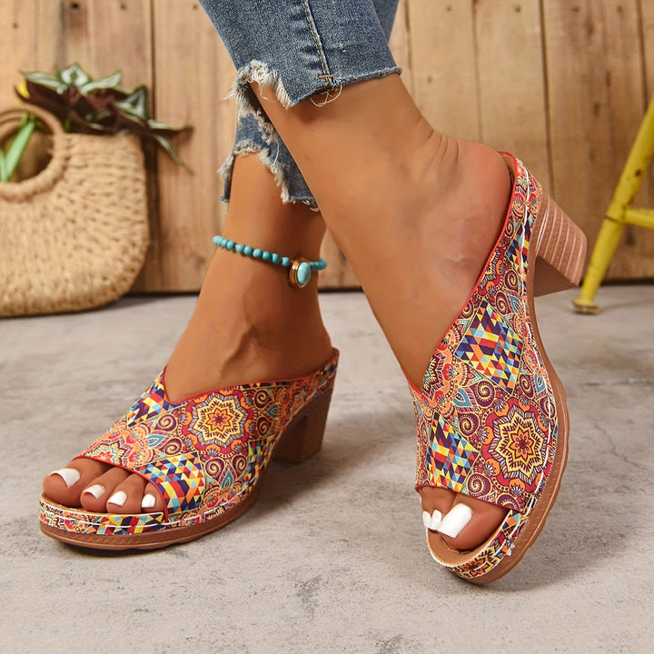Women's Floral Print Open Toe Mule Sandals with Block Heel