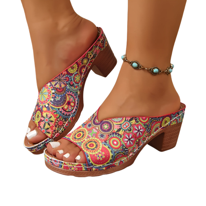 Women's Floral Print Open Toe Mule Sandals with Block Heel