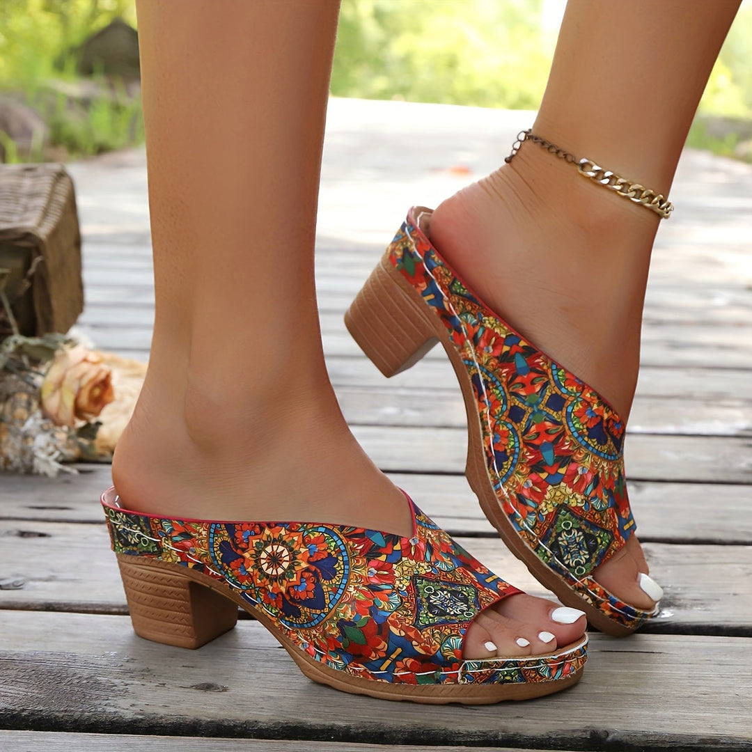 Women's Floral Print Open Toe Mule Sandals with Block Heel