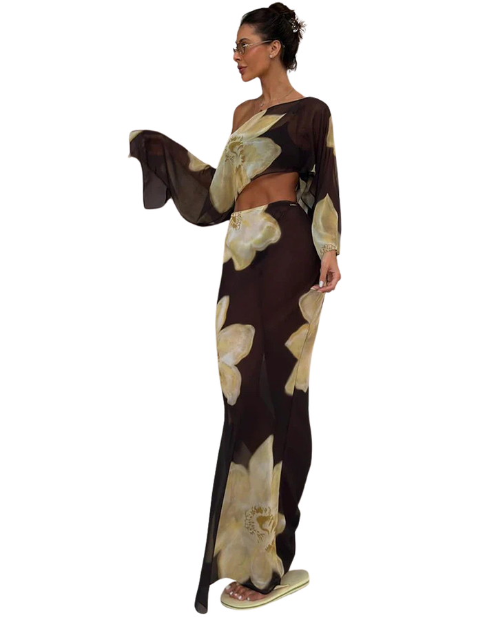 Women’s Printed One-Shoulder Two-Piece Top and Long Skirt Set