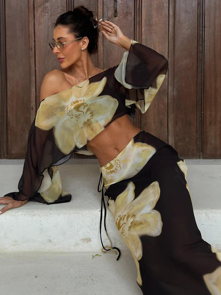 Women’s Printed One-Shoulder Two-Piece Top and Long Skirt Set