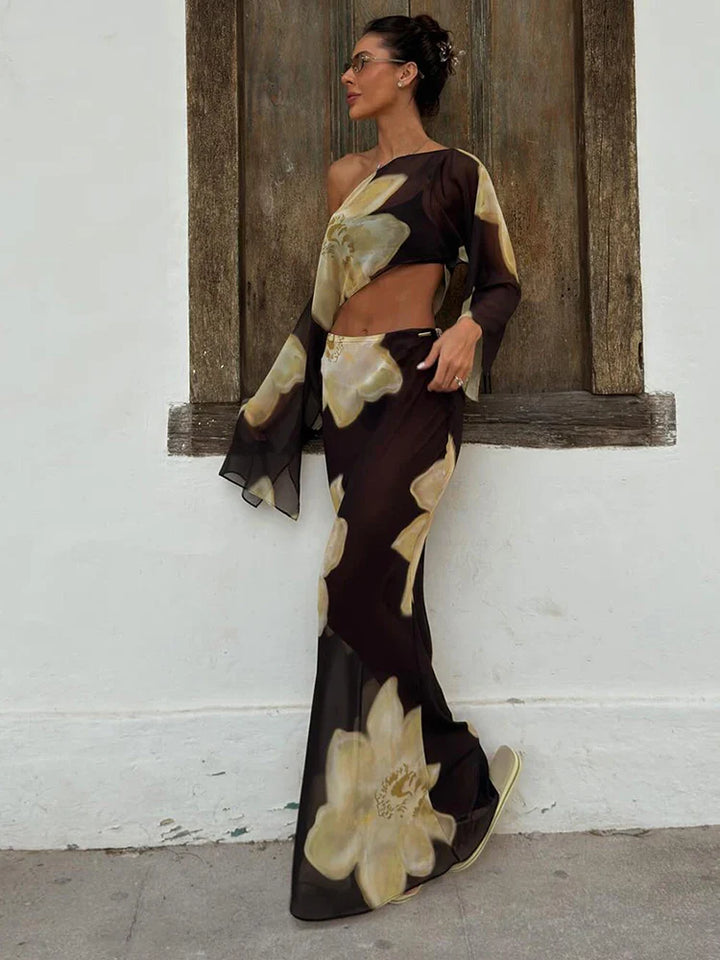 Women’s Printed One-Shoulder Two-Piece Top and Long Skirt Set