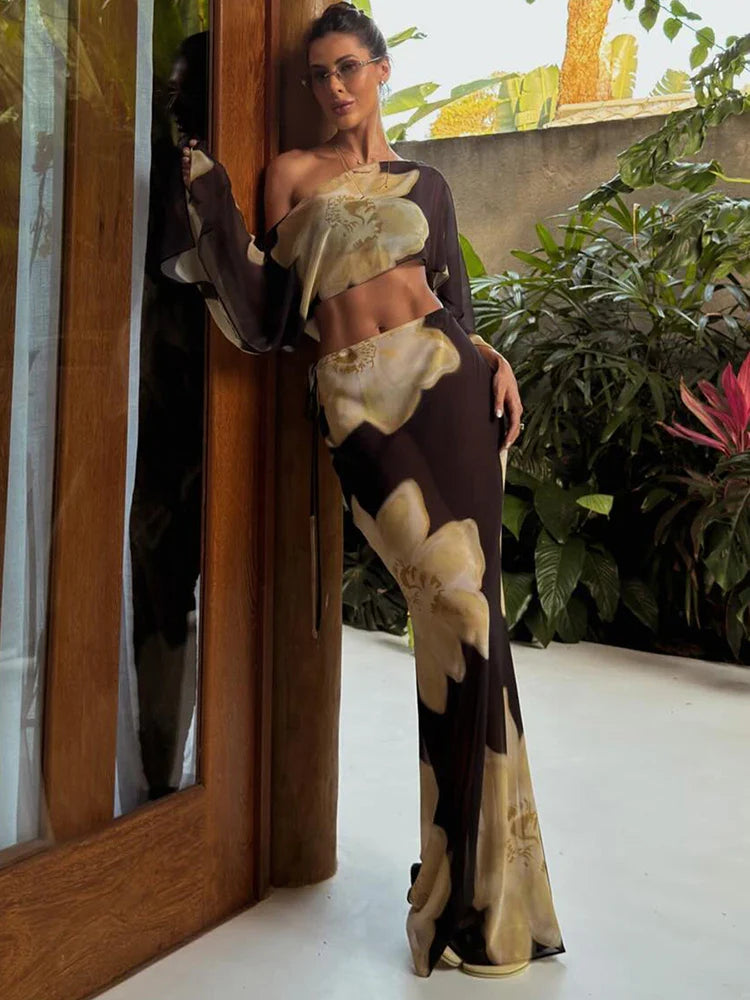 Women’s Printed One-Shoulder Two-Piece Top and Long Skirt Set