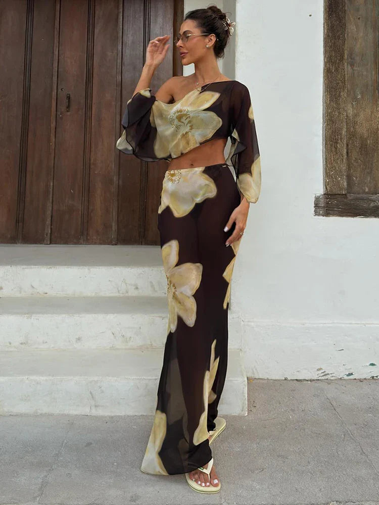 Women’s Printed One-Shoulder Two-Piece Top and Long Skirt Set