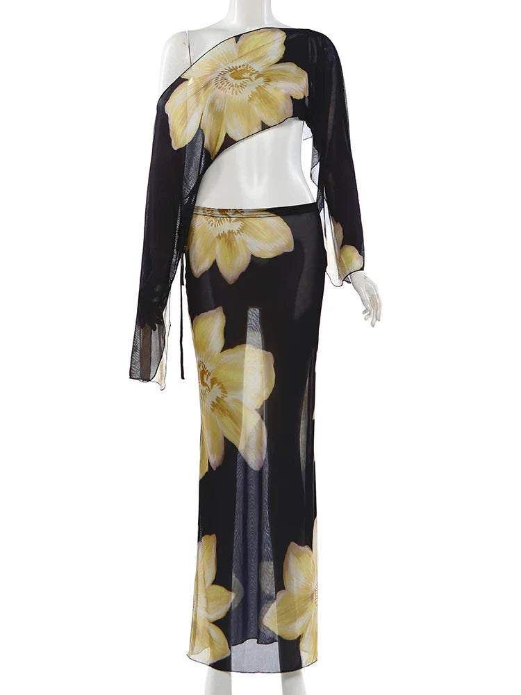 Women’s Printed One-Shoulder Two-Piece Top and Long Skirt Set