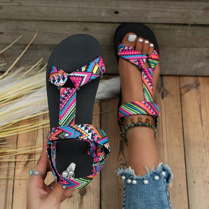 Women's Paisley Print Open Toe Sandals with Multi Strap and Ankle Buckle
