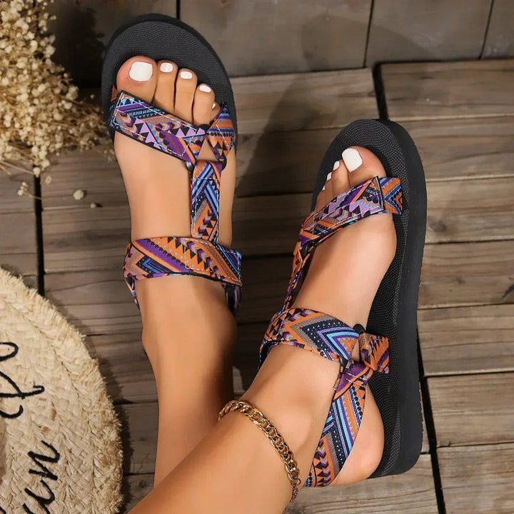 Women's Paisley Print Open Toe Sandals with Multi Strap and Ankle Buckle