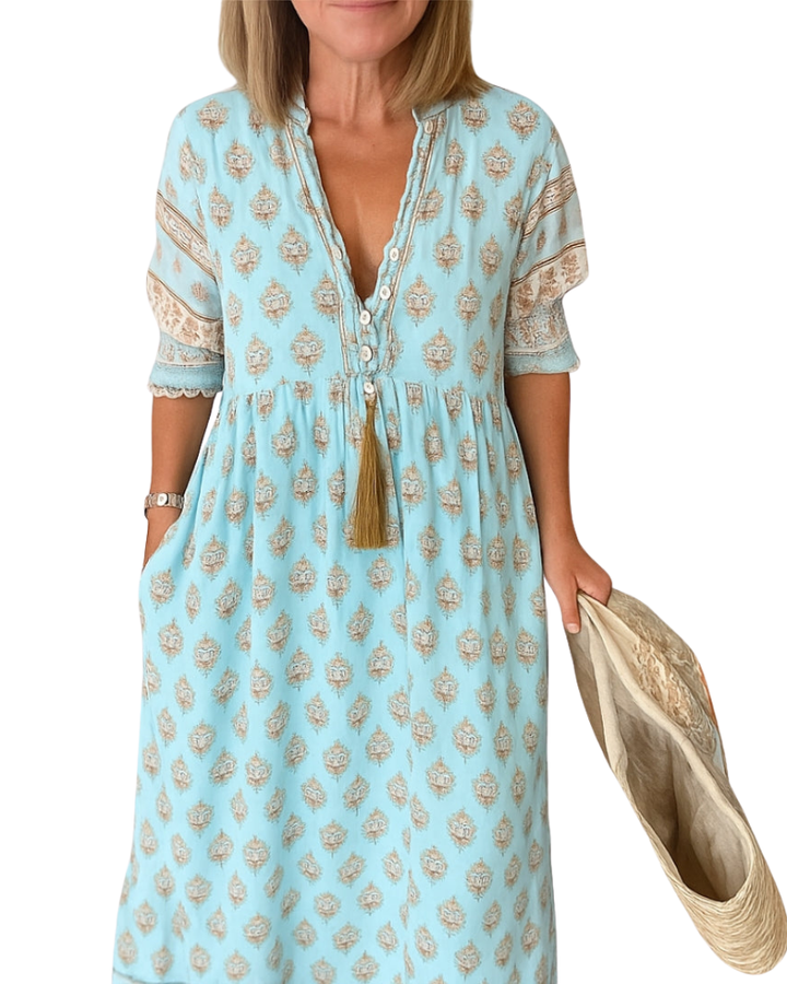 Women’s Printed V-Neck Midi Dress with Three-Quarter Sleeves