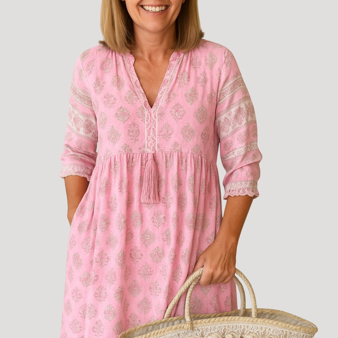 Women’s Printed V-Neck Midi Dress with Three-Quarter Sleeves