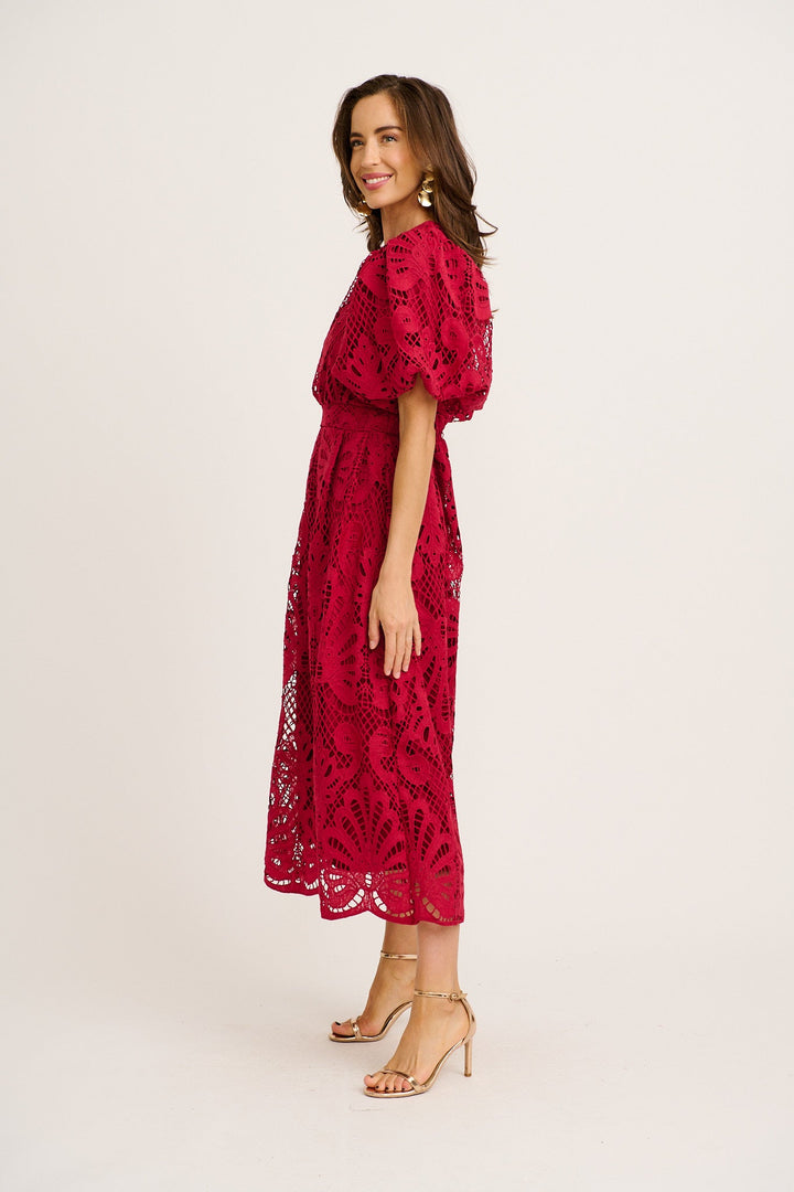 Women’s Cutwork Lace Puff Sleeve Waist Seam Midi Dress