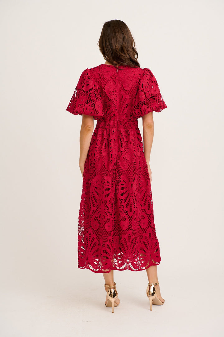 Women’s Cutwork Lace Puff Sleeve Waist Seam Midi Dress