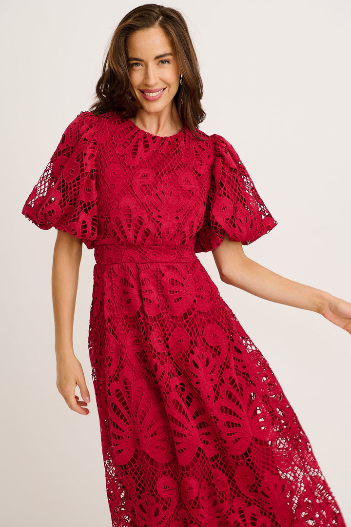Women’s Cutwork Lace Puff Sleeve Waist Seam Midi Dress